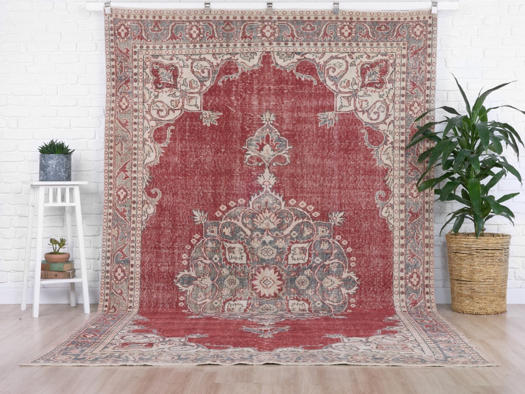 7x11 Vintage Rug, Red Turkish Area Rug, Bedroom Rug, Neutral Rug, Oushak Carpet, Living Room Rug