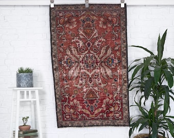 3x4 Vintage Rug, Red Rug, Oushak Rug, Anatolian Rug, Antique Rug, Small Rug, Scatter Rug, Rare Rug, Wool Rug, Kitchen Rug, Entryway Rug