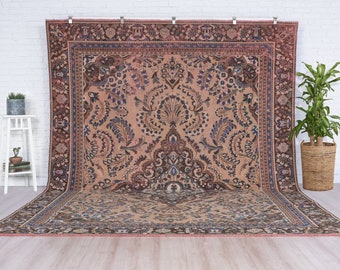 9x12 Vintage Rug, Brown Turkish Rug, 9x12 Oushak Rug, Oversized Rug, Living Room Rug, Dining Room Rug, Antique Rug, 9x12 Rug, Antique Rug