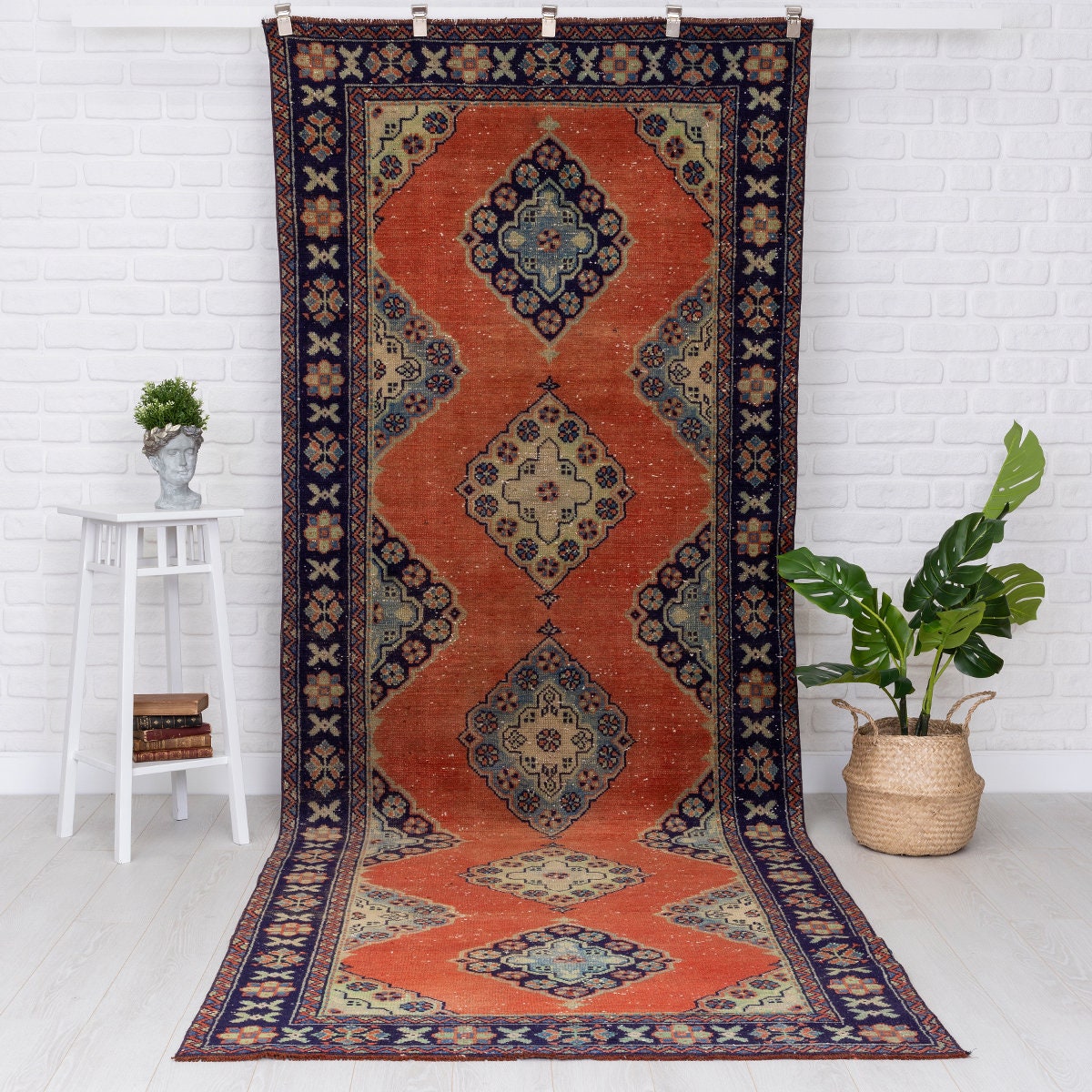 Orange Vintage Rug 4x12 Turkish Runner Rug Patterned Oushak Etsy