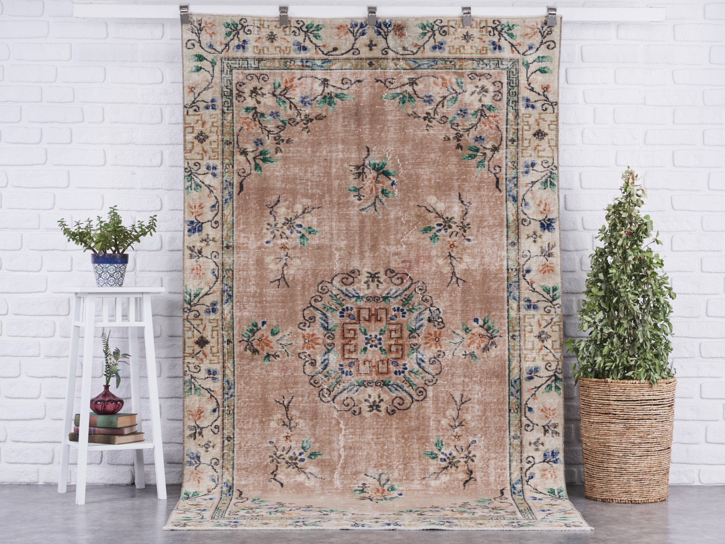 Tapis Vintage 5x8, Tapis Turc Brun, de Chambre à Coucher, Neutre, Salon, Boho, Antique, Délavé, Usé,