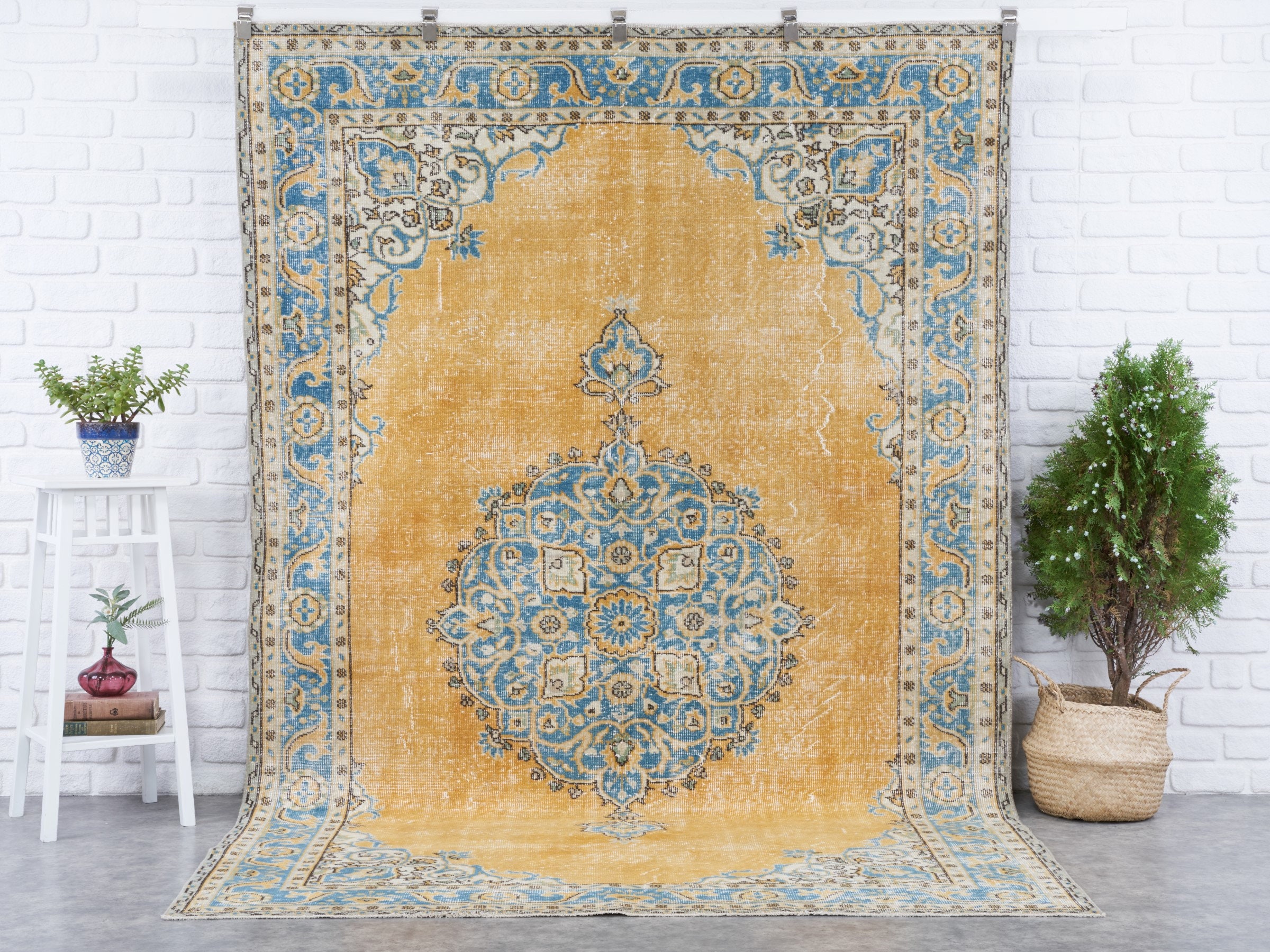Tapis Vintage 6x9, Tapis Turc Jaune, de Chambre à Coucher, Oushak Anatolien en Laine, Salon, Boho, A