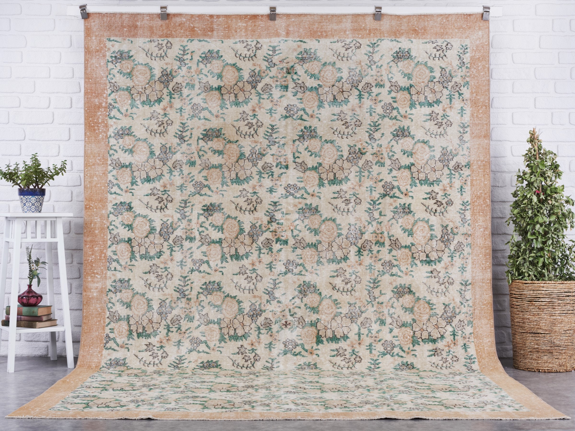 Tapis Vintage 7x10, Tapis Beige Turc, de Chambre à Coucher, Oushak Anatolien en Laine, Salon, Boho, 