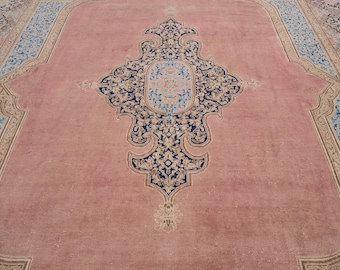10x14 Vintage Rug, Pink Turkish Rug, 10x14 Oushak Rug, Oversized Rug, Living Room Rug, Dining Room Rug, Rare Rug, Antique Carpet