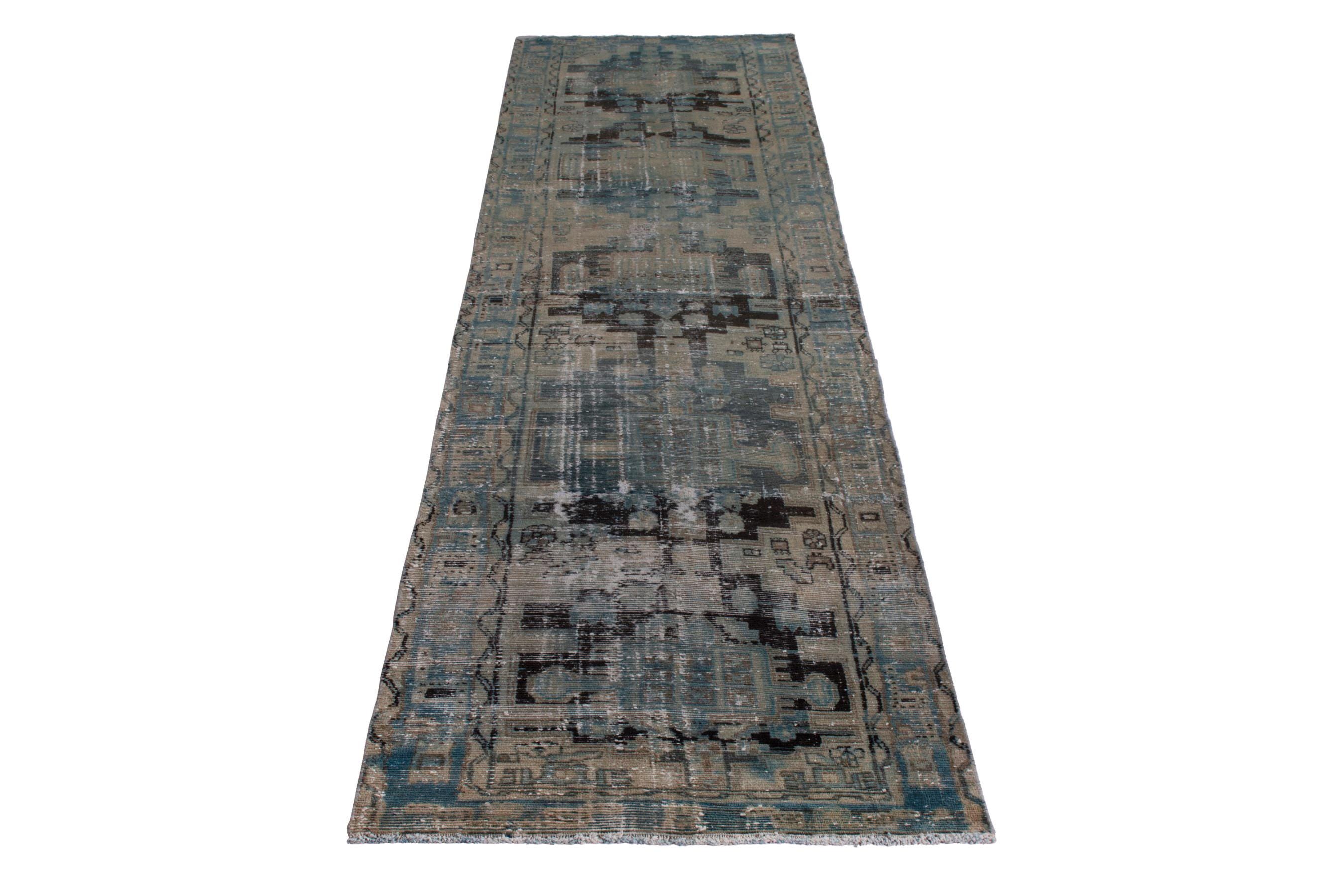 3x16 Vintage Runner Rug, Blue Turkish Runner Rug, 3x16