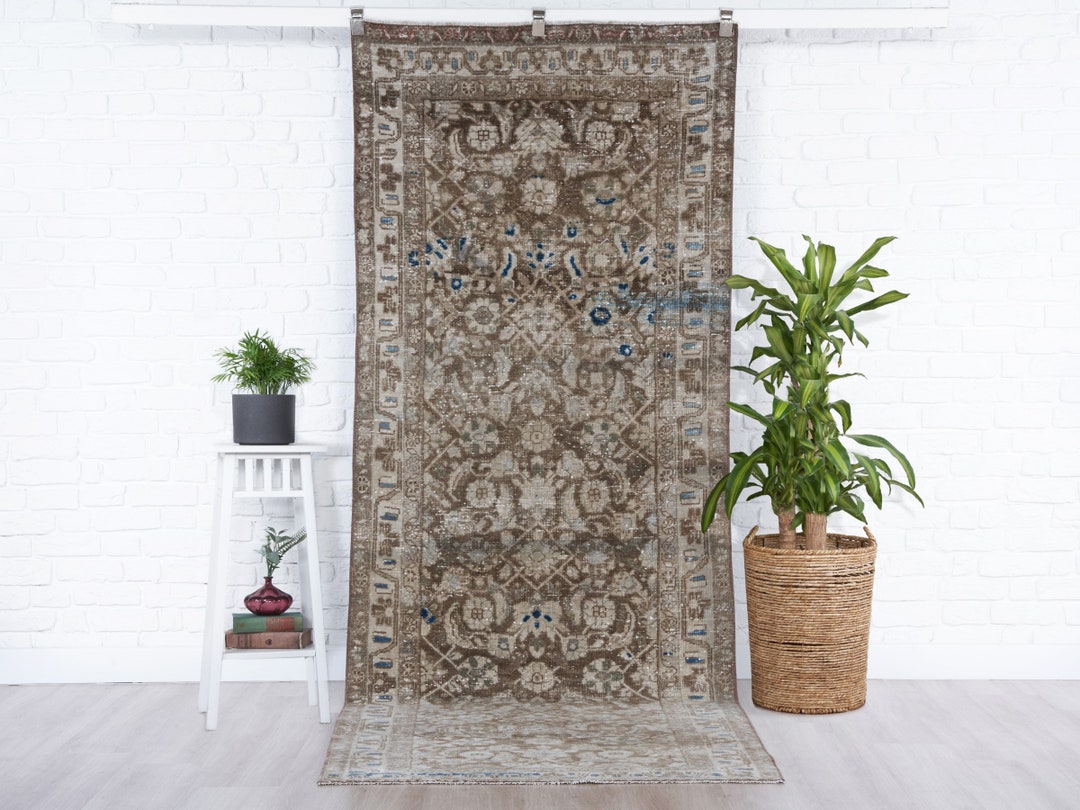3x10 Vintage Runner Rug, Brown Turkish Runner Rug, 3x10 Oushak Runner