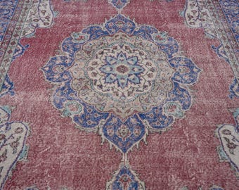 7x10 Vintage Rug, Red Turkish Area Rug, Bedroom Rug, Wool Anatolian Oushak Carpet, Living Room Rug, Boho Rug, Antique Rug, Decorative Rug