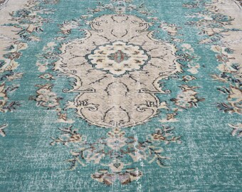 6x9 Vintage Rug, Green Turkish Area Rug, Bedroom Rug, Wool Anatolian Oushak Carpet, Living Room Rug, Boho Rug, Antique Rug, Decorative Rug