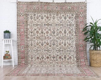 7x10 Vintage Rug, Beige Turkish Area Rug, Bedroom Rug, Wool Anatolian Oushak Carpet, Living Room Rug, Boho Rug, Antique Rug, Decorative Rug