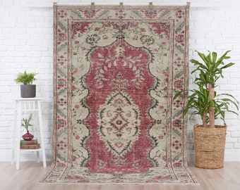 5x9 Vintage Red Green Beige Turkish Rug, 5'1"x8'11" Rare Antique Handmade Oushak Carpet, Authentic Eco Friendly Organic Wool Cotton Rug