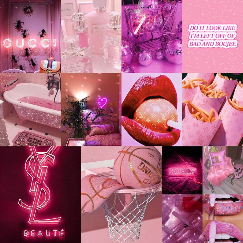 Pink wall collage kit Boujee teen room decor pink Baddie