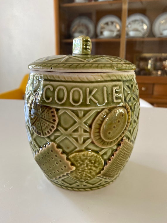 Vintage pottery green cookie jar Etsy