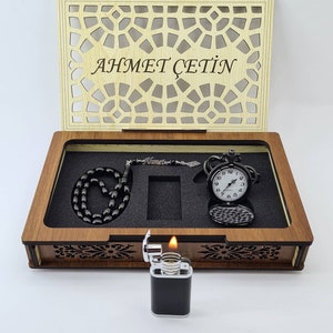 Set di personalizzazione per orologio da tasca, rosario speciale in pietra Oltu e accendino o portafoglio. Regalo di nozze. Regali per la festa del papà