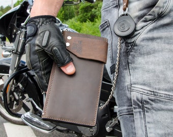 Cartera larga de cuero personalizada con cadena - Ranuras para efectivo y tarjetas - Regalo para motociclistas y conductores - Idea de regalo para el día de San Valentín