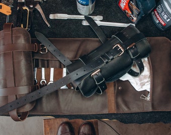 Personalized Leather Motorcycle Tool Roll Bag - Custom Wrench & Pliers Organizer - Great Mechanic Gift for Him