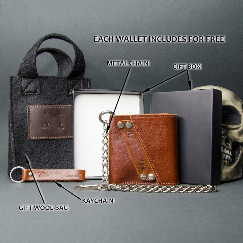 Custom travel bifold biker leather wallet on chain for men, Personalized boyfriend gift image 9