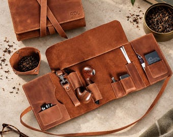 Handmade Leather Pipe Case, Artisan Smoking Roll, Full Grain Tobacco Holder, 2 Pipe Carrier, Premium Smoking Accessories, Leather Gift