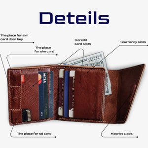 May include: A brown leather wallet with multiple card slots, a currency slot, and a sim card slot. The wallet has a magnetic clasp and a place for an SD card.