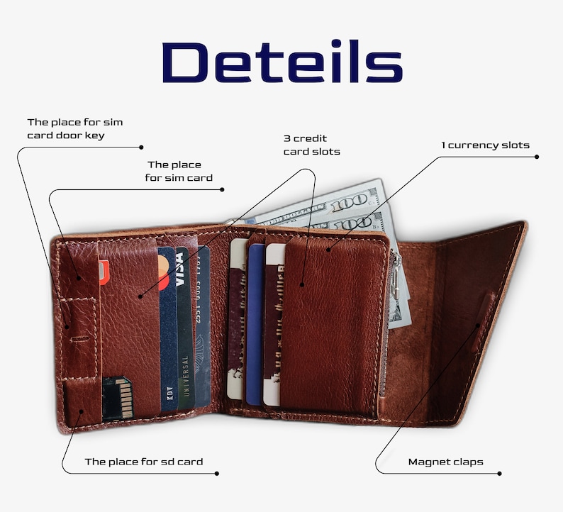 May include: A brown leather wallet with multiple card slots, a currency slot, and a sim card slot. The wallet has a magnetic clasp and a place for an SD card.