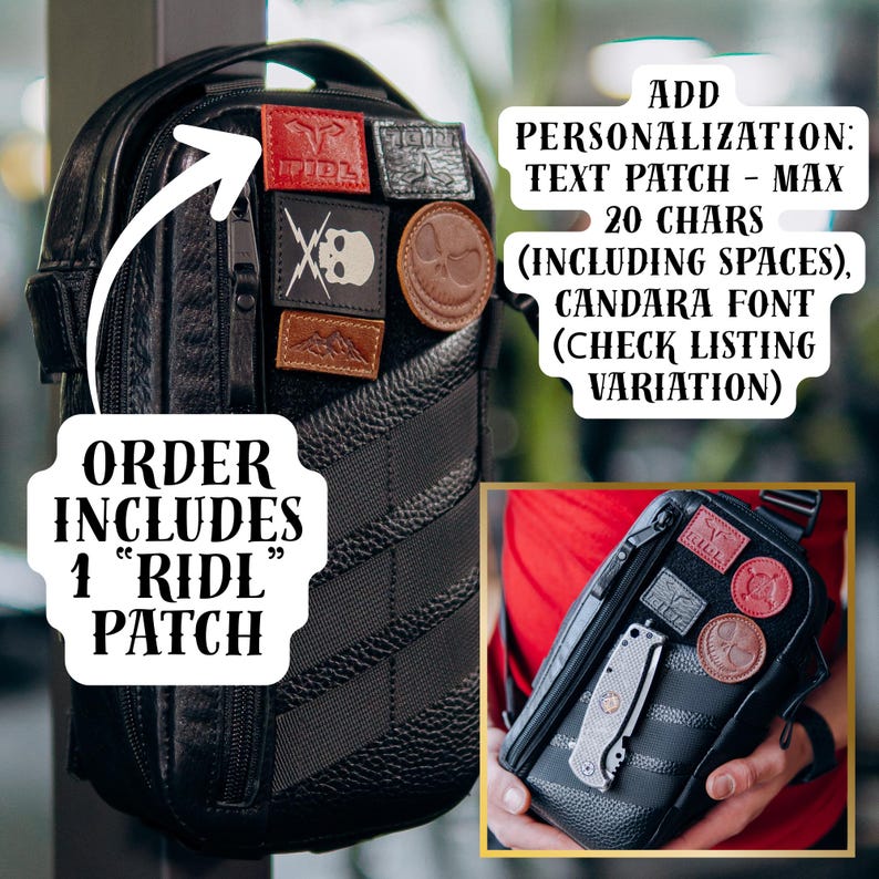 Op de afbeelding: Zwarte crossbodytas met meerdere leren patches in verschillende vormen en kleuren. De patches tonen logo's en symbolen. Tekst op de tas luidt "ORDER INCLUDES 1 'RIDL' PATCH". Extra tekst geeft personalisatie-opties aan.