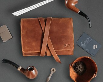 Leather Pipe Smoking Case, Tobacco Pipe Roll, 2 Pipe Holder, Smoking Accessories Organizer, Briar Pipe Travel Pouch, Pipe Smoker Gift