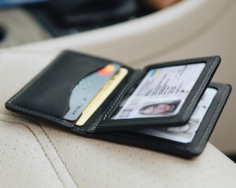 Personalized Leather ID Wallet, Travel Card Holder with Card Slots and Velcro Patch Panel