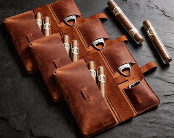 Personalized Leather Cigar Case, Travel Cigar Holder with Lighter & Cutter Compartments, Luxury Gift for Him, Handmade Cigar Accessories