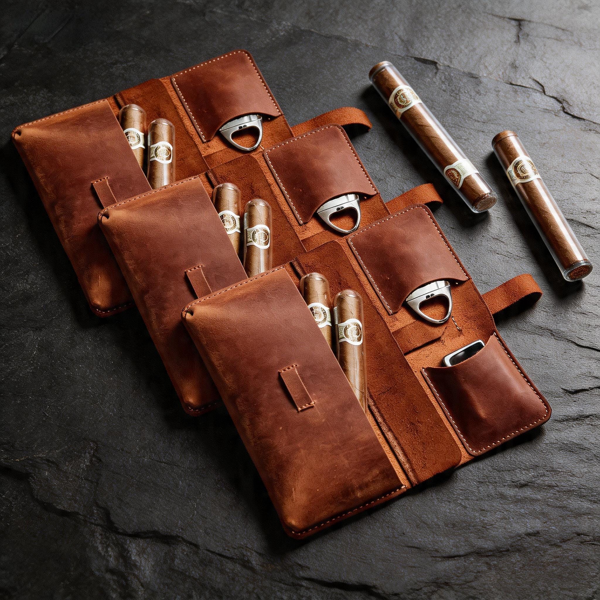 Personalized Leather Cigar Case, Travel Cigar Holder With Lighter