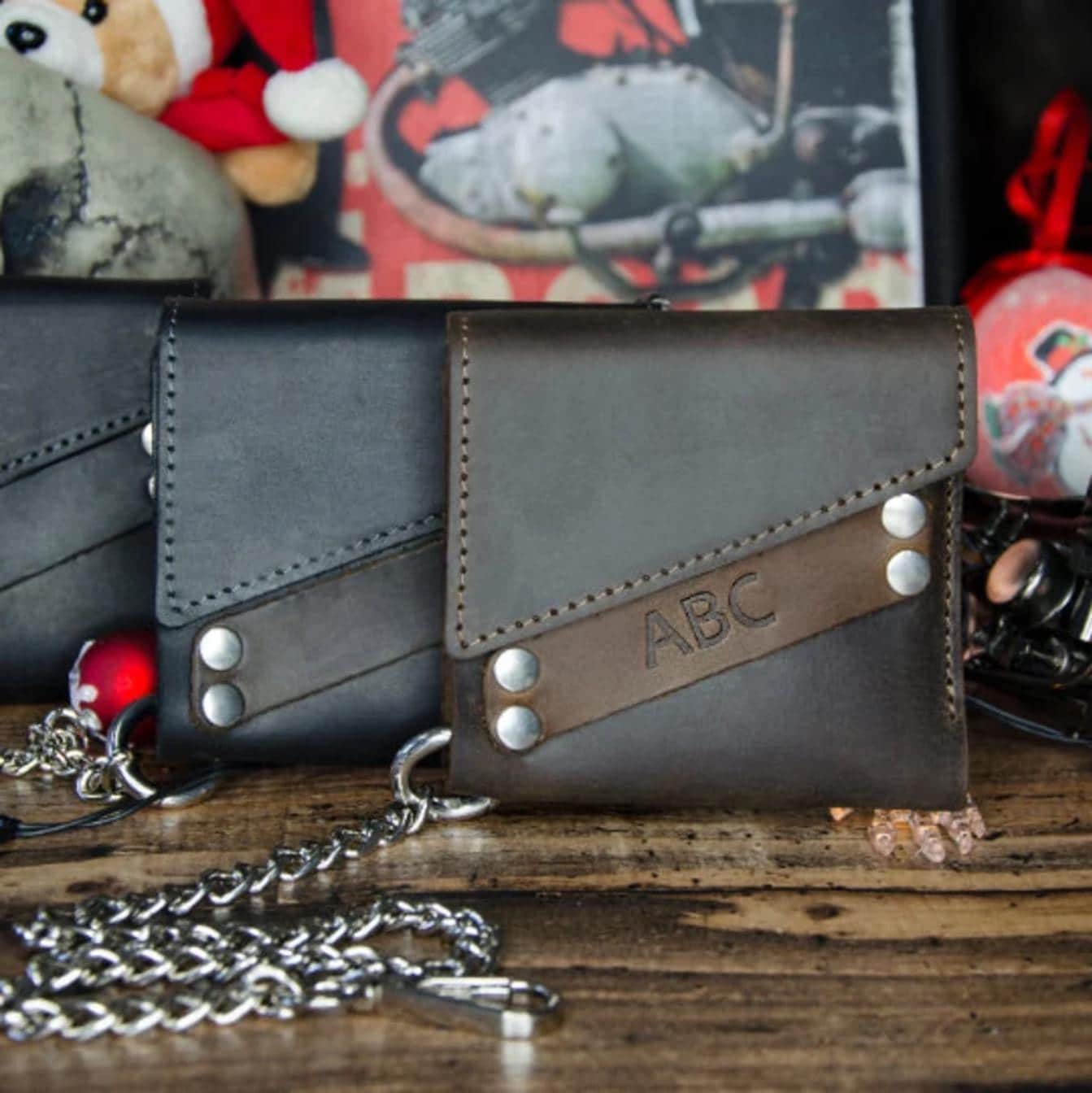 Personalized Biker Chain Wallet, Distressed Leather Motorcycle