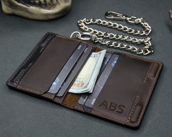 Customized Leather ID Wallet with Lanyard or Stainless Steel Chain - Personalized Gift for Him, Father, Boyfriend, Husband
