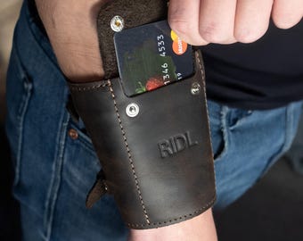 Personalized Leather Arm Wallet Cuff - Unique Father's Day Gift - Customizable Bracelet Wallet for Boyfriend, Husband, Brother