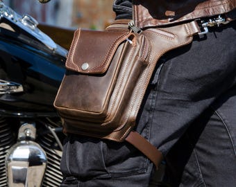 Leather Biker Hip Bag - Motorcycle Leg Bag for Men - Crossbody Sling Bag - Hip Holster Moto Bags - Burning Man Festival Bag