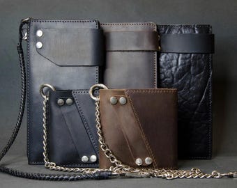Cowhide Leather Wallet with Chain - Long or Small Options - Men&#39;s Bifold Wallet - Minimalist Slim Design, Personalized Travel Gift for Him