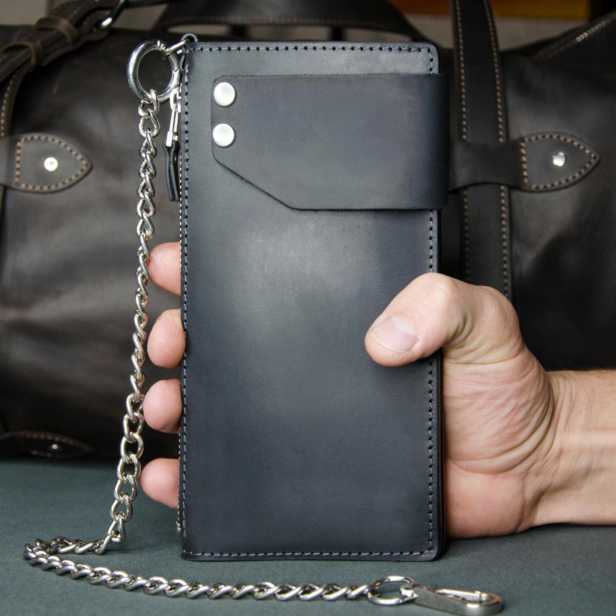 Leather Long Wallet with Chain. Multiple Cash, Card & Phone Slots. Personalized Engraving: Initials or Motorcycle Logo. 3rd Anniversary Gift