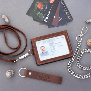 Cartera de identificación de cuero grabada para él - Regalo para novio, papá o esposo - Opción con cadena o cordón