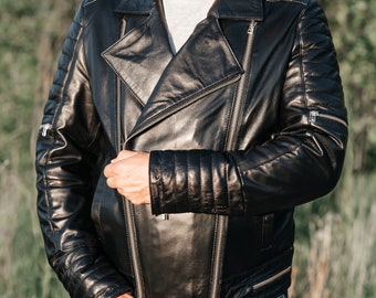 Rebel Style Black Biker Jacket: Genuine Leather, Zipper Closure, Perfect Motorcycle Gift For Him