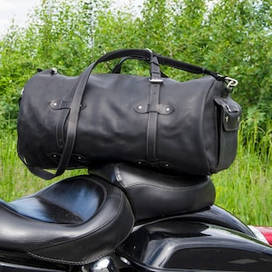 Handcrafted Personalized Leather Duffle Bag for Motorcycle Enthusiasts - Custom Sissy Bar Travel Bag