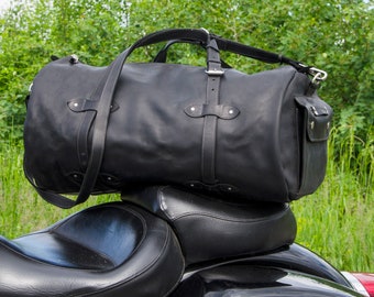 Handcrafted Personalized Leather Duffle Bag for Motorcycle Enthusiasts - Custom Sissy Bar Travel Bag