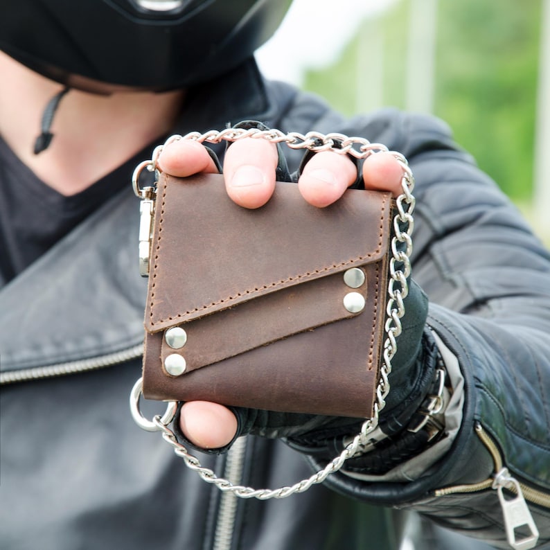 Personalized Biker Chain Wallet, Distressed Leather Motorcycle Wallet with Vintage Look and Minimalist Design, 3.9" x 3.9". Ideal for Riders image 1