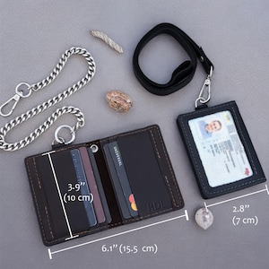 Carteira de couro EDC com corrente ou cordão - Carteira minimalista com opção de logotipo de moto - Carteira personalizada para homens com compartimento para identificação