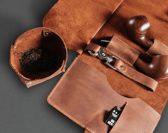 Pipe Smoker Gift, Leather Tobacco Pipe Case, Gentleman Smoking Kit, 2 Pipe Holder, Briar Pipe Roll, Tobacco Pouch, Handmade Gift for Him