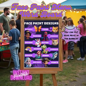 Face Paint Menu 12 popular designs, Word Board, Display Board, printable poster and Us Letter size PDF and PNG files download & print