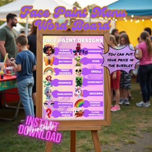 Face Paint Menu digital Word Board, Display Board, 14 popular designs printable 18x24 poster and 8.5x11 PDF and PNG files, 8x11 jpg