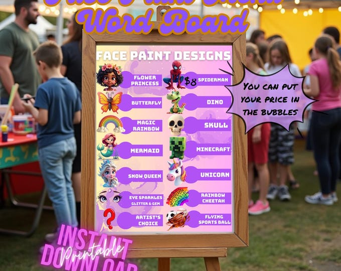 Face Paint Menu Word Board - 20 Popular Designs - Face Painting Choice ...