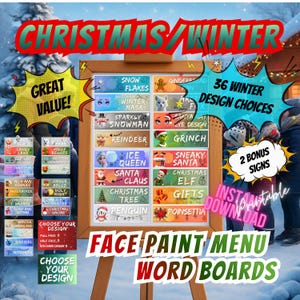 Op de afbeelding: Een houten ezel toont een schminkmenu met kerst- en winterthema's. Het menu bevat opties zoals sneeuwvlokken, peperkoekmannetjes, rendieren en de kerstman. Tekst op de ezel luidt "Face Paint Menu Word Boards" en "Instant Download."