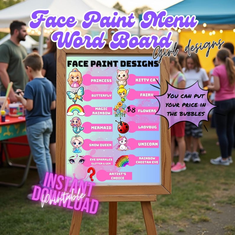 Face Paint Menu Board: Boys & Girls Designs (digital Download) - Etsy