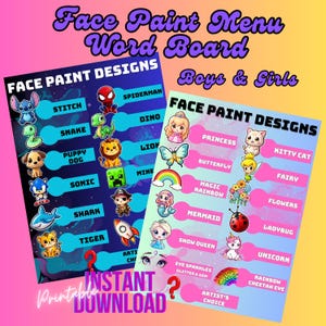 Tablero de palabras digital con menú de pintura facial, diseños para niñas y niños, póster imprimible y archivos PDF y PNG de tamaño carta de EE. UU. para descargar e imprimir de manera profesional