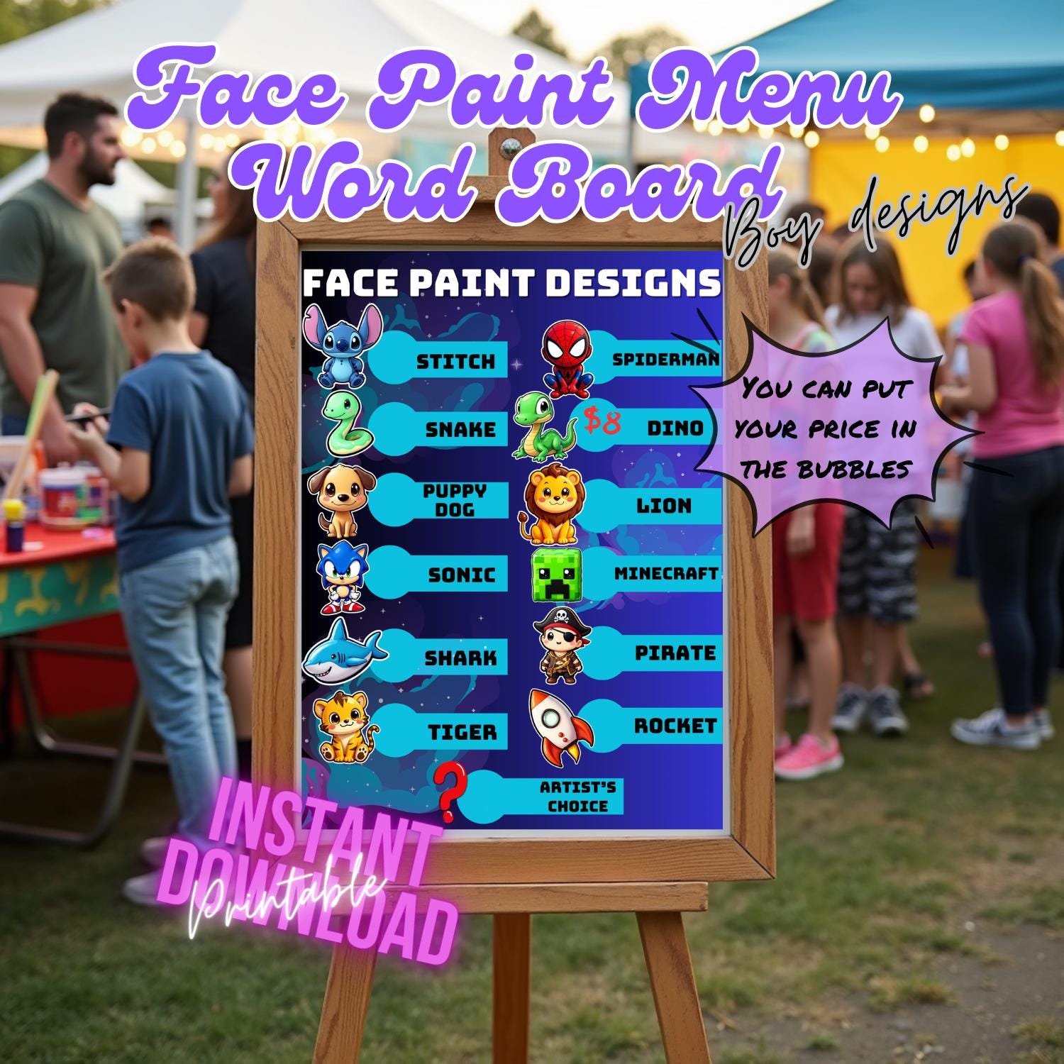 Face Paint Menu Board: Boys & Girls Designs (digital Download) - Etsy
