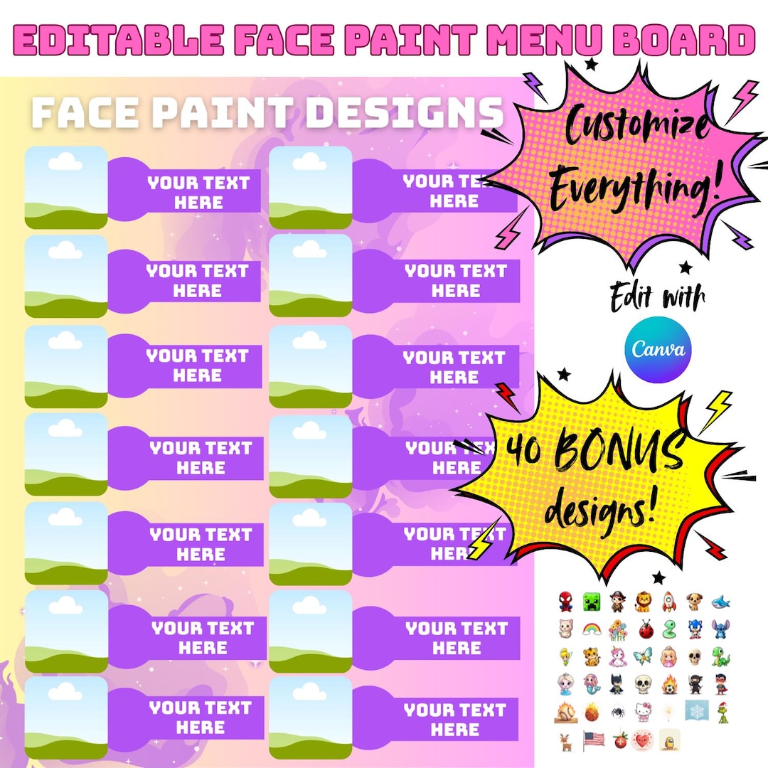 Face Paint Menu Template: Customizable Display Board With 40 Bonus ...