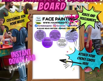 Editable Face Painter Display Board with Rules & Disclaimers, Professional Face Painting Sign, Festival Face Painter Poster, Canva Template,